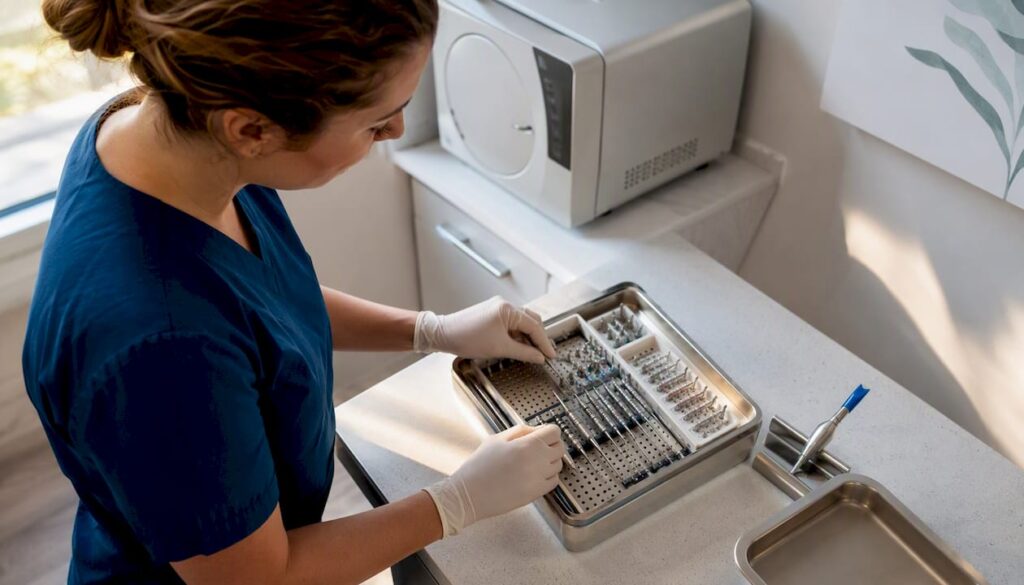 Dental implant surgical tools on tray