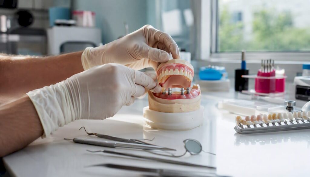 Close-up dentist fitting implant dentures