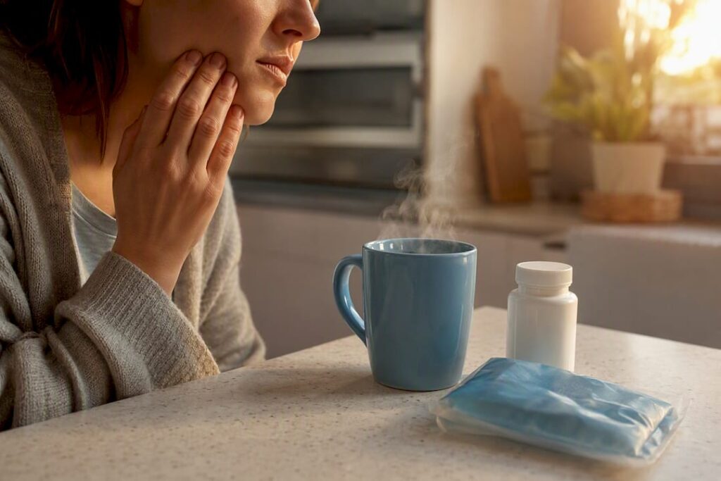 Person holding jaw with pain relief items nearby