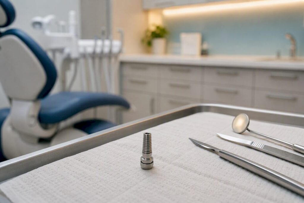 Dental implant post and surgical tools close-up