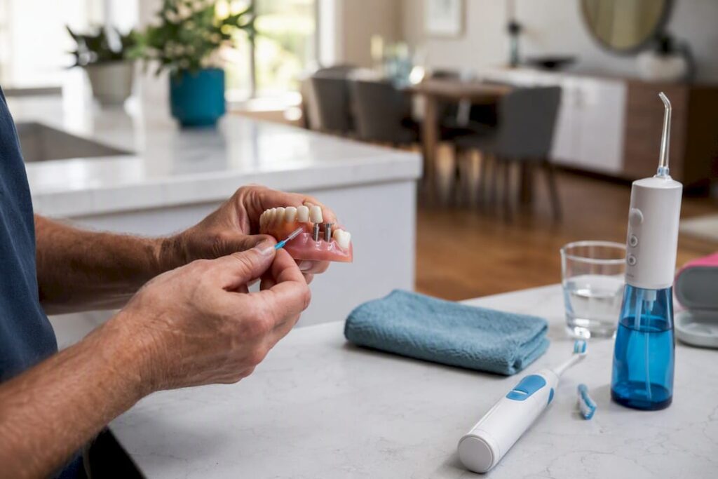 Hands cleaning dental implant at home with toothbrush