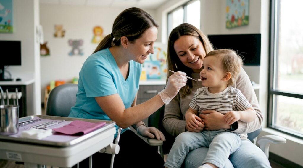 Toddler dental checkup with parent holding