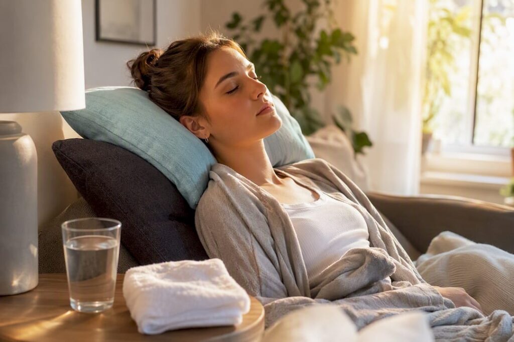 Patient resting with elevated pillows in bed