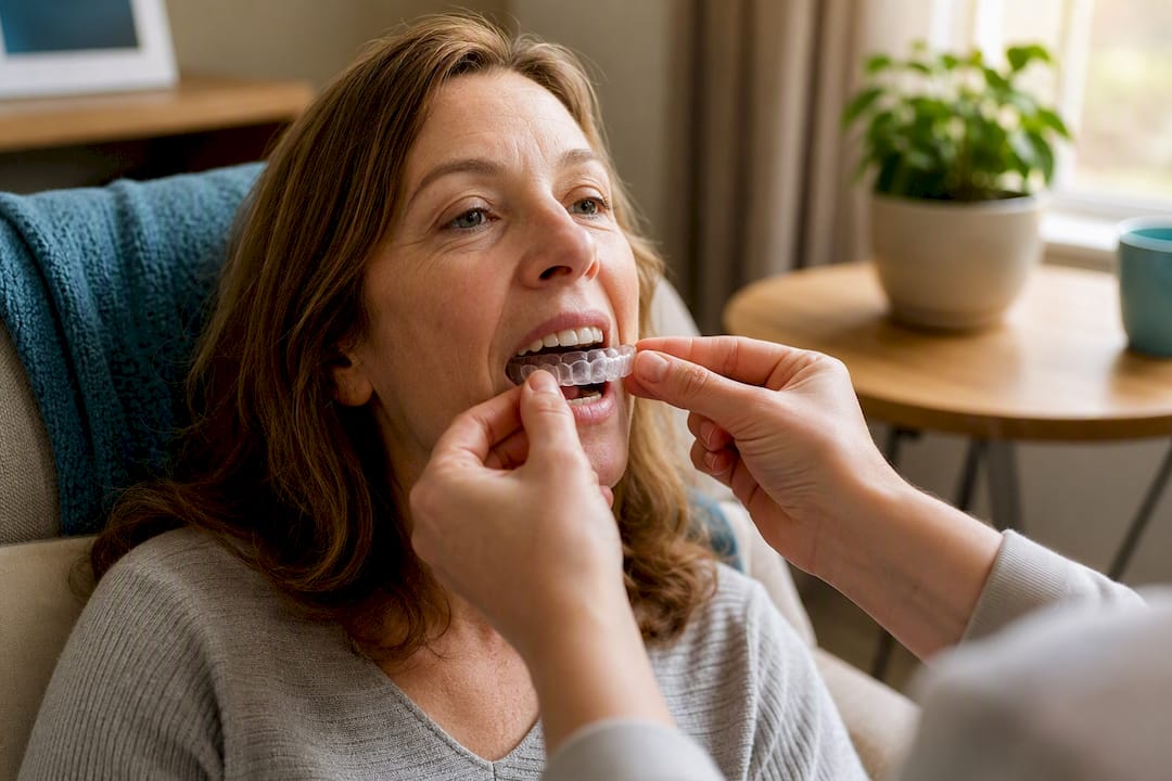 Hands inserting whitening tray into mouth