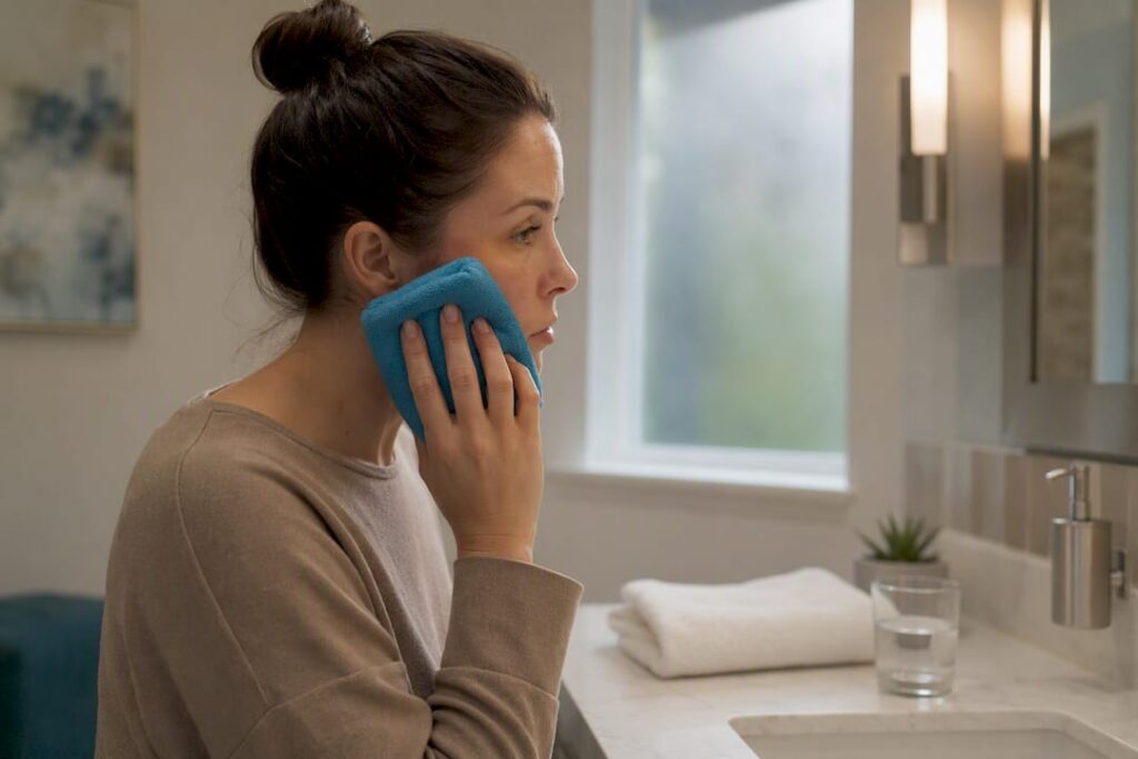 Patient applying cold compress for whitening sensitivity
