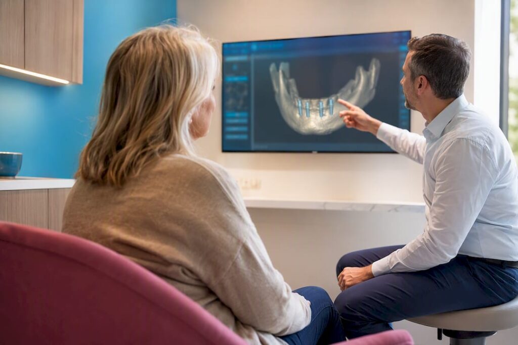Patient reviewing All-on-4 implant planning